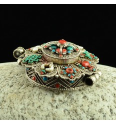 Fine Quality Silver with Turquoise Coral Stones Ashtamangala Ghau Gau Prayer Box Pendant from Patan, Nepal