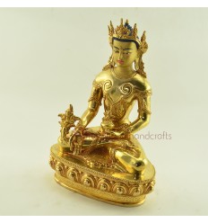 Finely Hand Carved 10" Crowned Medicine Buddha Gold Gilded Face Painted Copper Statue Patan, Nepal