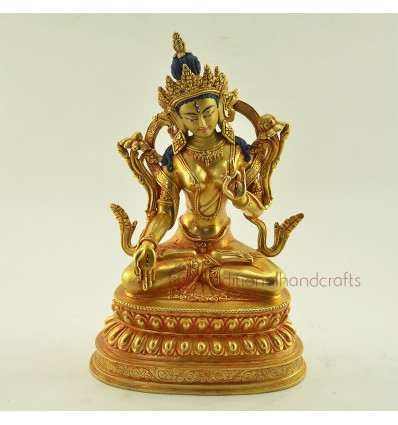 Fine Quality Hand Carved 9.5" White Tara / Dolkar Antiquated Gold Gilded Copper Statue From Patan, Nepal