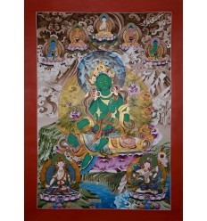 Fine Quality 54" x 39.25" Green Tara / Dolma Tibetan Buddhist Thangka/Thanka Painting from Patan, Nepal