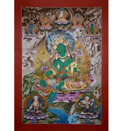 Fine Quality 54" x 39.25" Green Tara / Dolma Tibetan Buddhist Thangka/Thanka Painting from Patan, Nepal