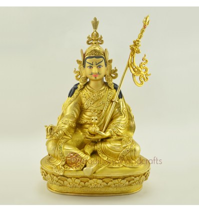 Hand Carved Gold Gilded Face Painted 10" Padmasambhava Copper Statue Patan Nepal