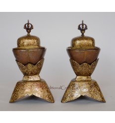 Finely Hand Carved Copper Alloy Plated 7.5" Tibetan Buddhist Kapala Set from Patan, Nepal