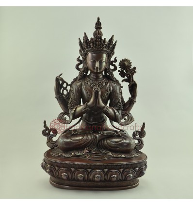 Finely Hand Made 14.5" Chenrezig Oxidized Copper Alloy Statue Patan, Nepal