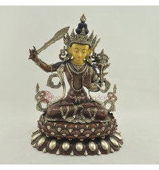 Hand Carved 13.25" Manjushri Jampelyang Silver Plated Oxidized Copper Alloy with Gold Face Painted