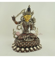 Hand Carved 13.25" Manjushri Jampelyang Silver Plated Oxidized Copper Alloy with Gold Face Painted