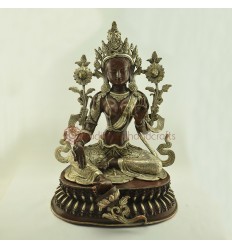 Fine Quality  19" Green Tara Lost Wax Method, Oxidized Copper Alloy with Silver Plating  Statue From Patan, Nepal