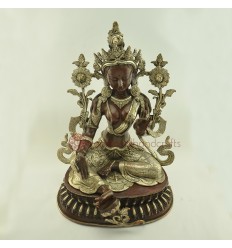 Fine Quality  19" Green Tara Lost Wax Method, Oxidized Copper Alloy with Silver Plating  Statue From Patan, Nepal