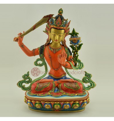 Fine Quality  24 Karat Gold Gilded and Hand Painted 14" Manjushri / Jambiyang Statue