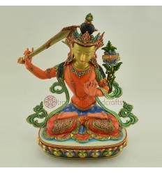 Fine Quality  24 Karat Gold Gilded and Hand Painted 14" Manjushri / Jambiyang Statue