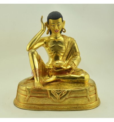 Gold Gilded Hand Carved 10.5" Guru Milarepa Copper Statue from Patan Nepal