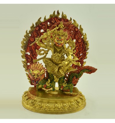 Hand Carved Face Painted 10" Dragon (White) Dzambhala Copper Statue Gold Gilded Patan