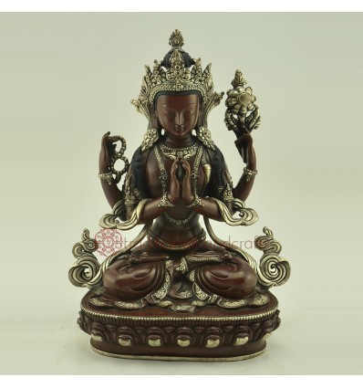 Fine Hand Carved Oxidized Copper 9.75" Chenrezig / Avalokeshvara Statue From Patan, Nepal