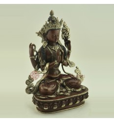 Fine Hand Carved Oxidized Copper 9.75" Chenrezig / Avalokeshvara Statue From Patan, Nepal