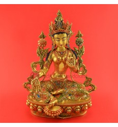 Fine Quality Gold Face Painted 14" Green Tara / Drolma Colored Copper Statue From Patan