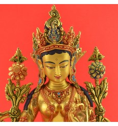 Fine Quality Gold Face Painted 14" Green Tara / Drolma Colored Copper Statue From Patan