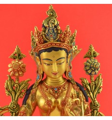Fine Quality Gold Face Painted 14" Green Tara / Drolma Colored Copper Statue From Patan