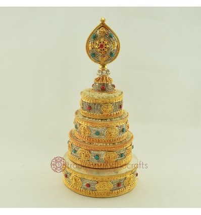 Hand Carved Tibetan Buddhist 5" Gold and Silver Plated Mandala Set Patan Nepal