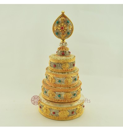 Hand Carved Tibetan Buddhist 5" Gold and Silver Plated Mandala Set Patan Nepal