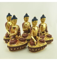 Fine Quality Hand carved 8.25" Dhyani Pancha Buddha Copper Alloy Partially Gold Gilded Face Painted Statues From Patan , Nepal