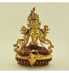 Fine Quality 9" Green Tara Copper Gold Gilded Hand Carved Gold Face Painted Statue from Patan, Nepal