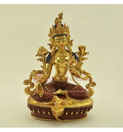 Fine Quality 9" Green Tara Copper Gold Gilded Hand Carved Gold Face Painted Statue from Patan, Nepal