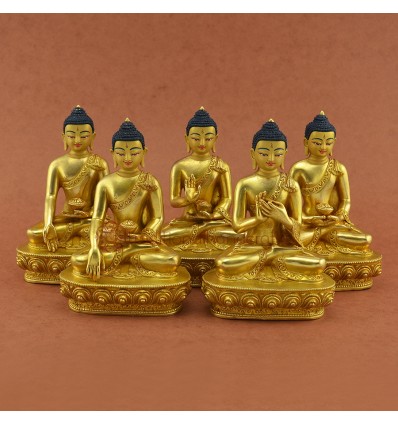 Fine Quality 5.5” Dhyani Buddha Copper Alloy with 24 Karat Gold Gilded Statue Set From Patan, Nepal