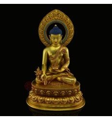 Fine 15.25" Medicine Buddha / Sangye Gold Gilded Face Painted Copper Statue Frm Patan, Nepa