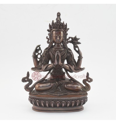 Finely Hand Carved 9" Chenrezig / Avalokiteshvara  Oxidized Copper Alloy Statue Patan, Nepal