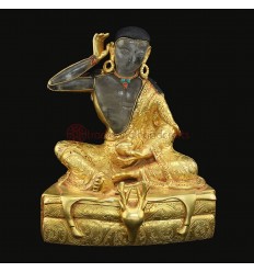 Hand Carved 8" Guru Milarepa Copper Alloy with Gold Plated and Crystal Statue Patan, Nepal