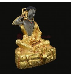 Hand Carved 8" Guru Milarepa Copper Alloy with Gold Plated and Crystal Statue Patan, Nepal