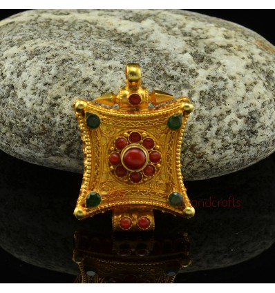 Fine Quality Tibetan Buddhist 24 Karat Gold Gilded Silver with Coral and Emerald Stones Ghau rom Patan, Nepal.