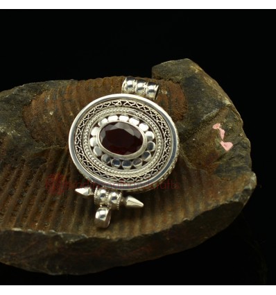 Fine Quality Tibetan Buddhist Silver with Garnet Stone Pendant