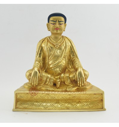 Fine Quality Gold Gilded Face Painted Hand Carved  7.5" Guru Marpa Copper Statue From Patan Nepal.