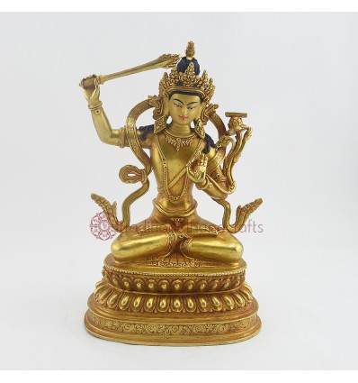 Fine Quality 10" Manjushri / Jameplyang Statue Fully Gold Gilded with Antique Finish and Hand Painted - Face from Patan, Nepal