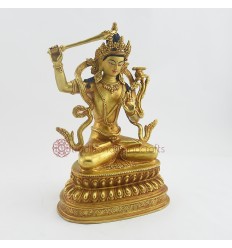 Fine Quality 10" Manjushri / Jameplyang Statue Fully Gold Gilded with Antique Finish and Hand Painted - Face from Patan, Nepal