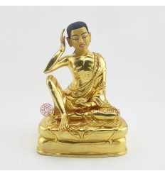 Finely Hand Carved Gold Gilded with Face Painted Hand Carved 7.25" Guru Milarepa Copper Statue
