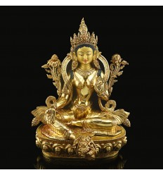 Hand Made Green Tara / Drolma Copper Alloy Gold Gilded Face Painted Statue