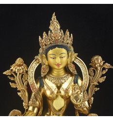 Hand Made Green Tara / Drolma Copper Alloy Gold Gilded Face Painted Statue