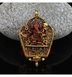 Fine Quality Gold Plated Silver Turquoise Coral Stones Ganesha Ghau Gau Prayer Box Pendant from Patan, Nepal