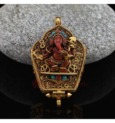 Fine Quality Gold Plated Silver Turquoise Coral Stones Ganesha Ghau Gau Prayer Box Pendant from Patan, Nepal