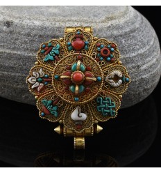 Fine Quality Gold Plated Silver Turquoise Coral Stones Ashtamangala Ghau Gau Prayer Box Pendant from Patan, Nepal