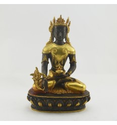 Fine Quality 10" Crowned Medicine Buddha Oxidized Antiquated Gold Gilded Copper Statue 