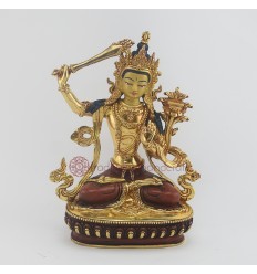 Hand Made 8.5" Manjushri Copper Gold Gilded Hand Carved Gold Face Painted Statue Patan
