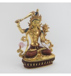 Hand Made 8.5" Manjushri Copper Gold Gilded Hand Carved Gold Face Painted Statue Patan