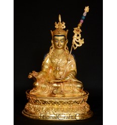 Fine Quality Gold Gilded with Face Painted Hand Carved 8.5" Guru Rinpoche Copper Statue