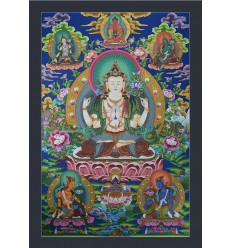Fine Quality 33" x 22.5" Chenrezig / Avalokiteshvara Thangka Scroll Painting