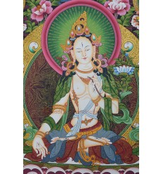 Fine Quality  33" x 23 White Tara / Dholka Thangka Scroll Painting