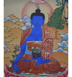 32" x 27" Medicine Buddha Thangka Scroll Painting From Patan, Nepal.