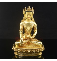 Finely Hand Carved 10.5" Crowned Shakyamuni Buddha Gold Gilded Face Painted Copper Statue Patan Nepal
